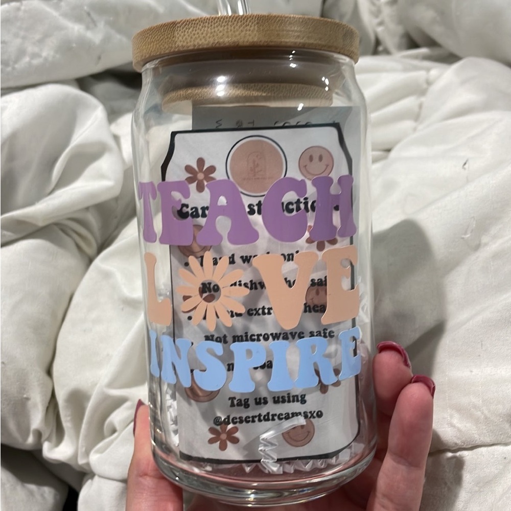 Teach Love Inspire glass cup